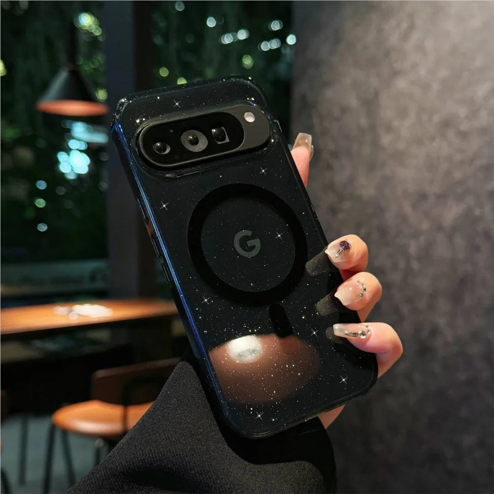 Black Google phone case with glitter.