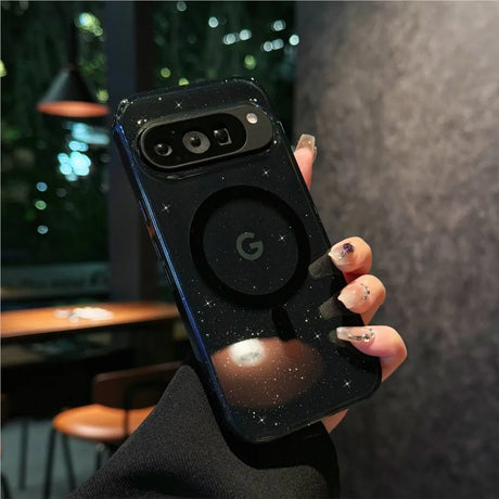 Black Google phone case with glitter.