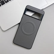 A black and gray carbon fiber patterned phone case with a rectangular camera cutout.