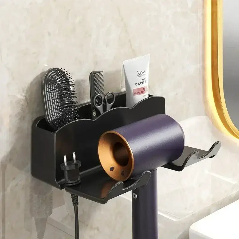 a black hair dryer on a wall