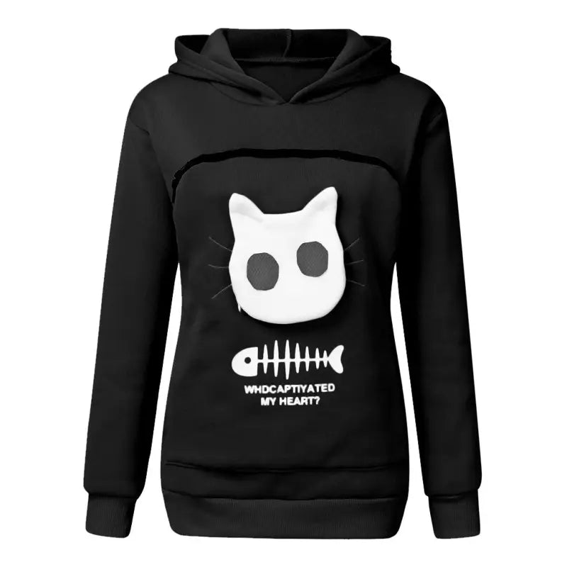 a black hoodie with a white cat on it