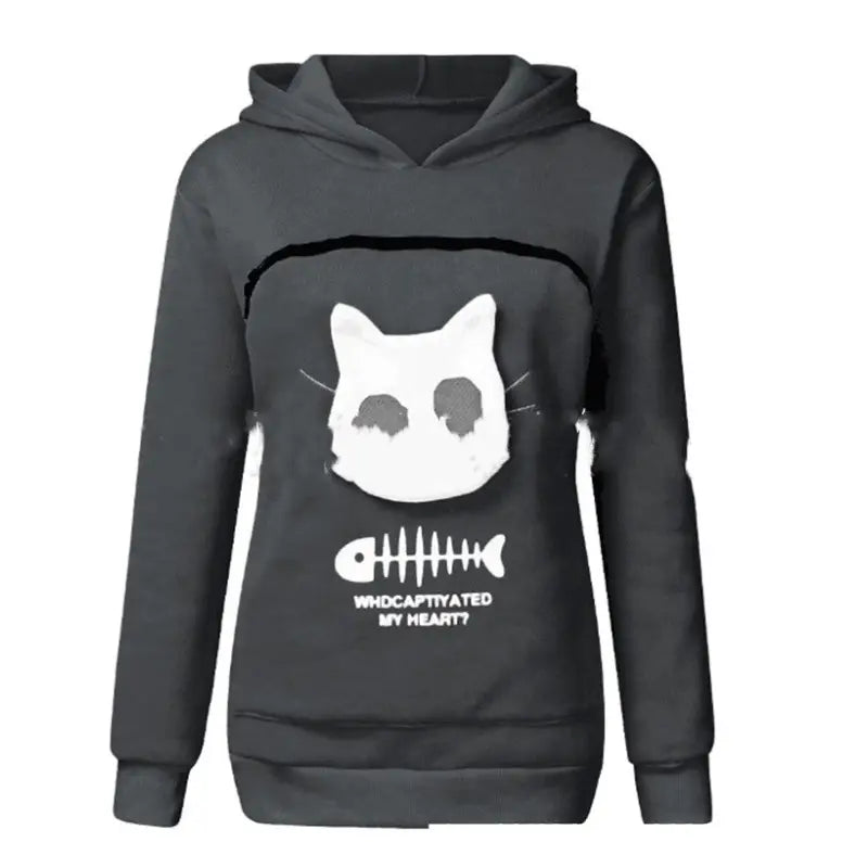 a black hoodie with a white cat on it