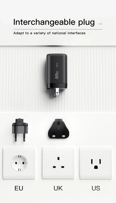 Black interchangeable plug adapter with various international outlet attachments shown below.