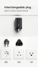 Black interchangeable plug adapter with various international outlet attachments shown below.
