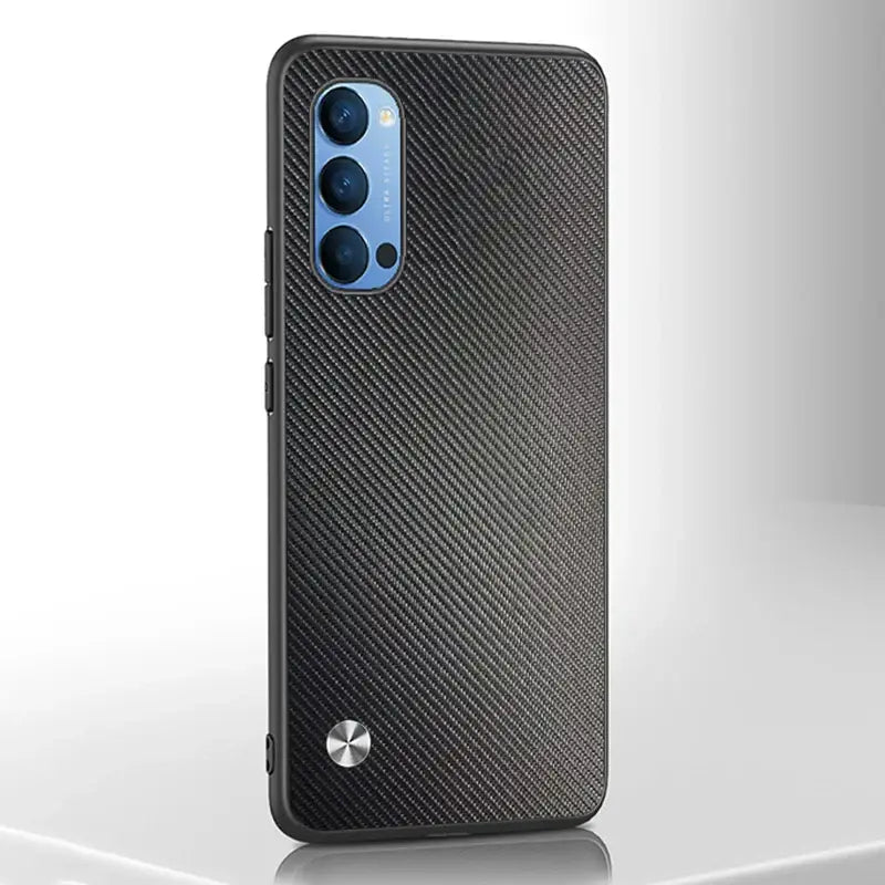 the back of a black iphone case with a blue camera lens