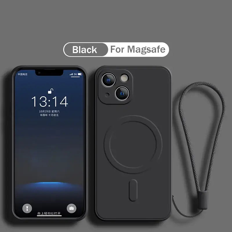 the back of a black iphone case with a black cable