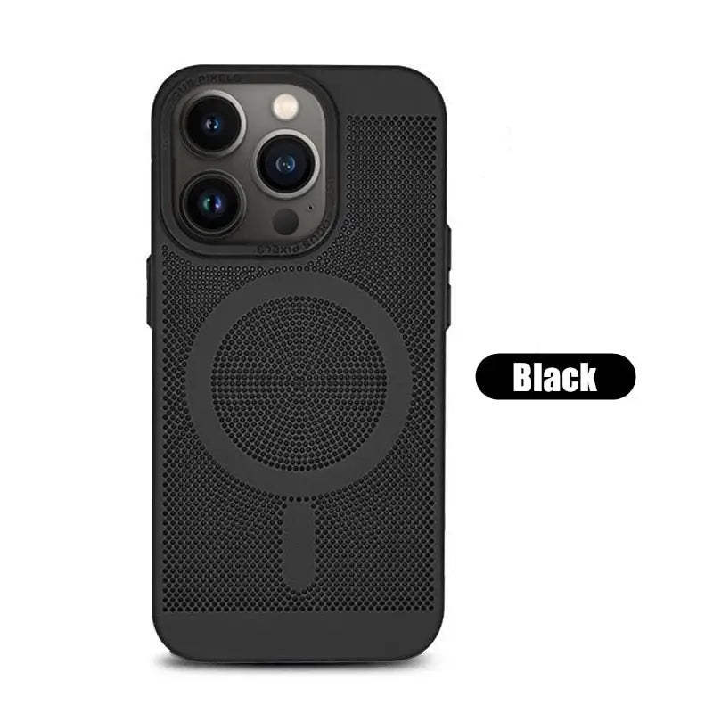 the back of a black iphone case with a black speaker