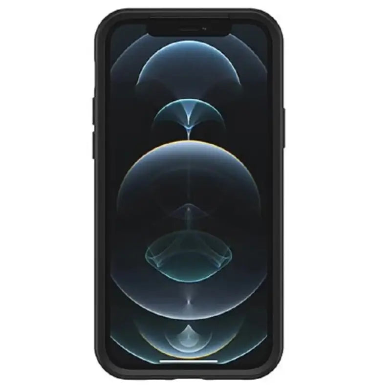 the back of a black iphone case with a circular design