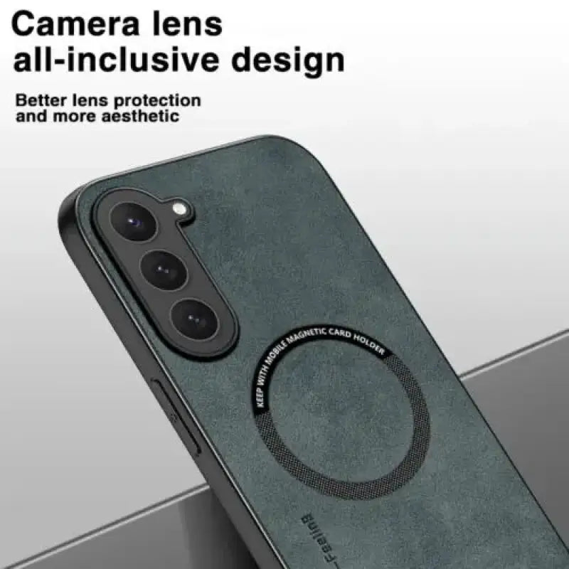 the back of a black iphone case with a circular design