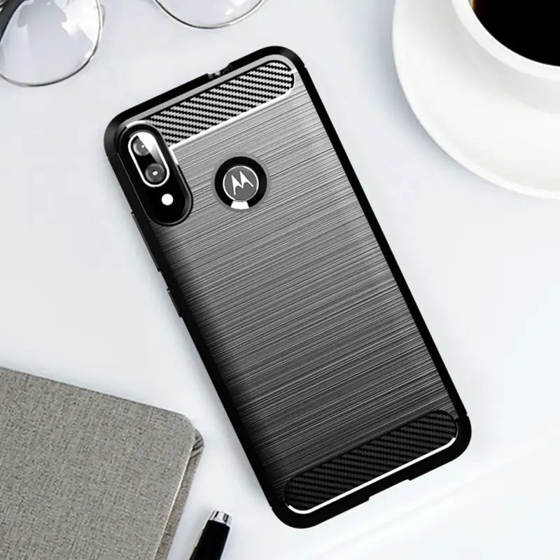 the back of a black iphone case with a coffee cup and glasses