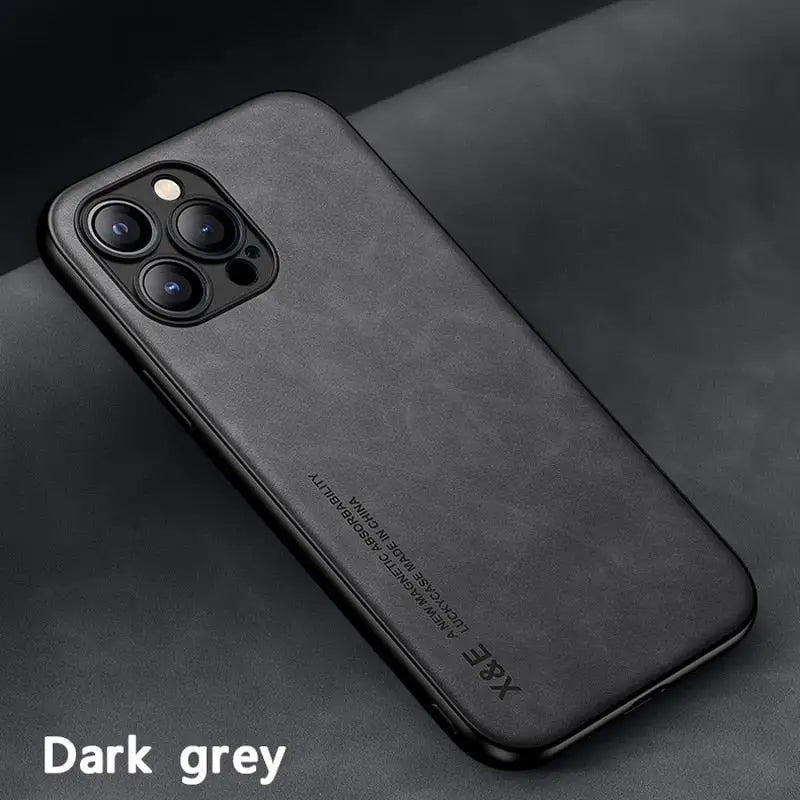 the back of a black iphone case with the dark grey logo on it
