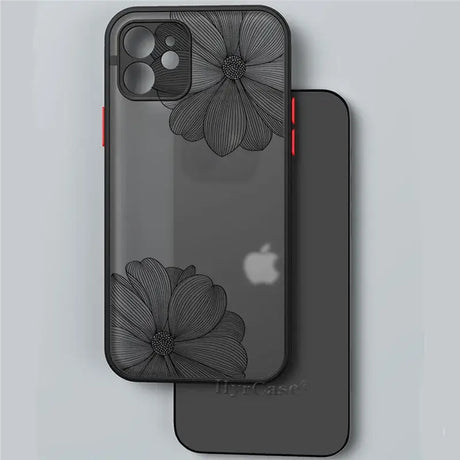 The back of a black iphone case with a flower design