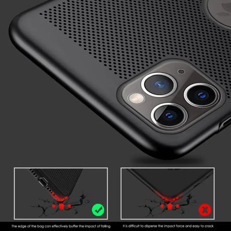 the back of a black iphone case with a red light on it