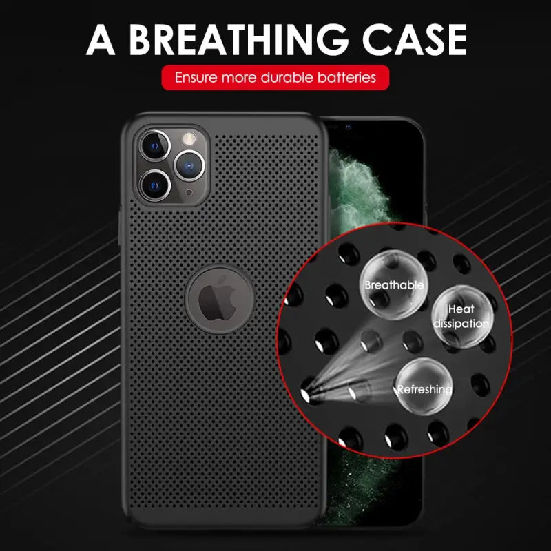 a black iphone case with a holed design and a circular holed design