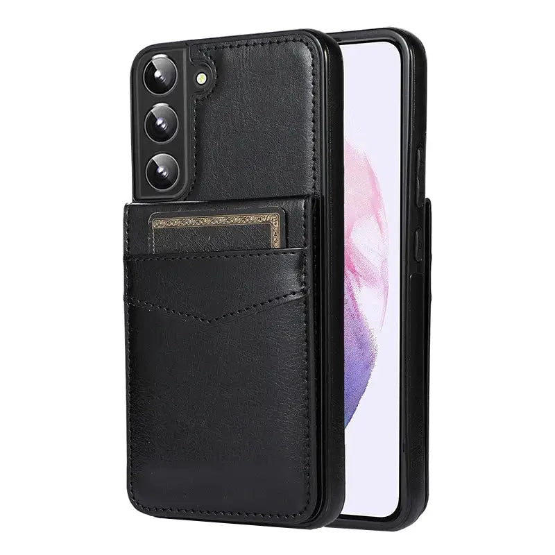 The back of a black iphone case with a leather wallet