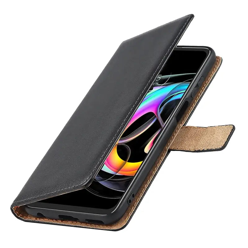 the back of a black iphone case with a leather cover