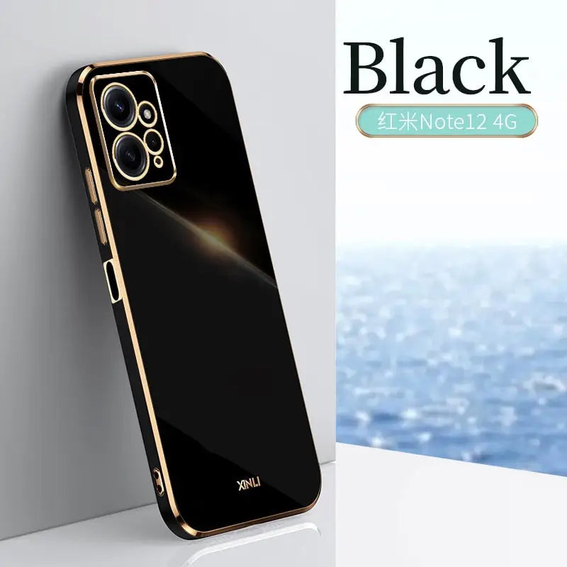 the back of a black iphone case with a gold frame