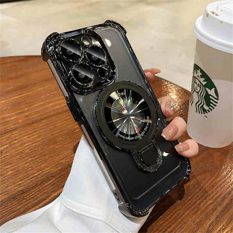 Black iPhone case with magnetic ring stand.