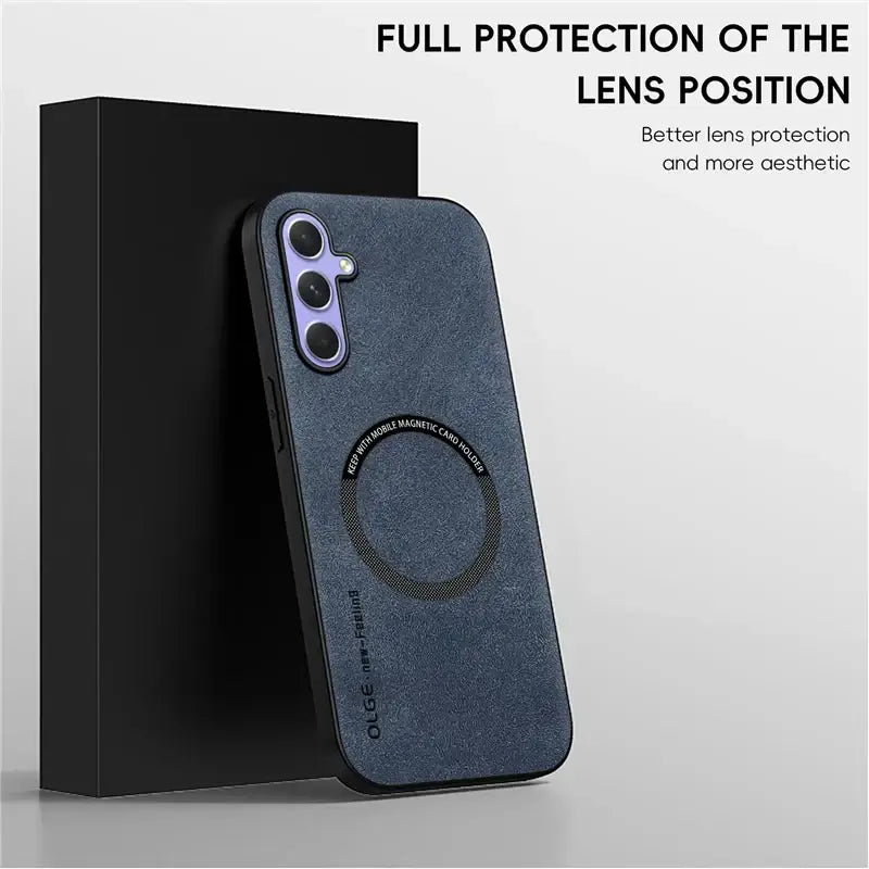 the back of a black iphone case with a purple ring