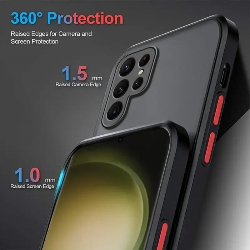 the back of a black iphone case with red trim