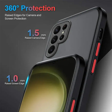 the back of a black iphone case with red trim