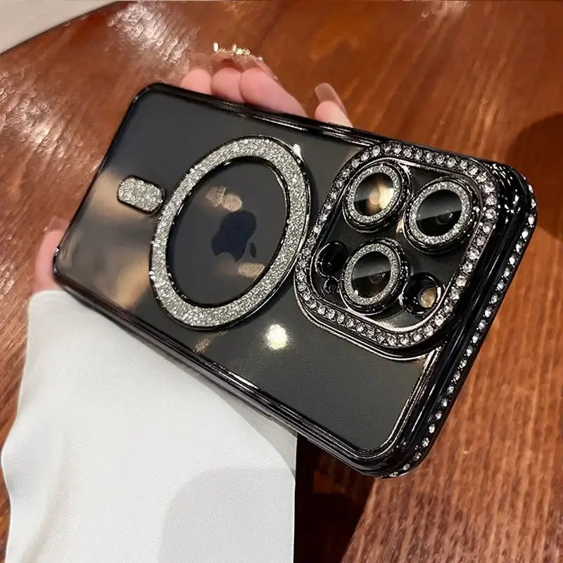 a black iphone case with a ring on it