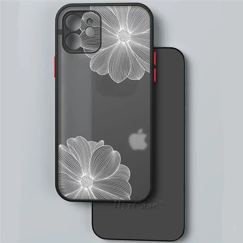 the back of a black iphone case with white flowers