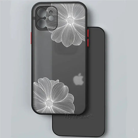 The back of a black iphone case with white flowers