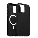 The back of a black iphone case with a white circle on it