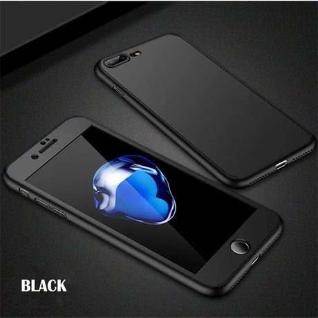 Black iPhone with a protective case displaying a blue and white spherical icon on its screen.