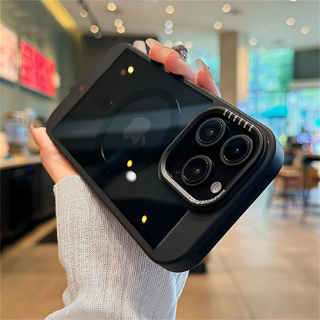 Black iPhone with protective case.