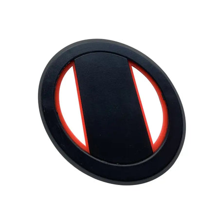 a black and red plastic knob with a red stripe