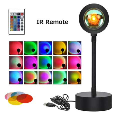 A black lamp with remote and various colored lights