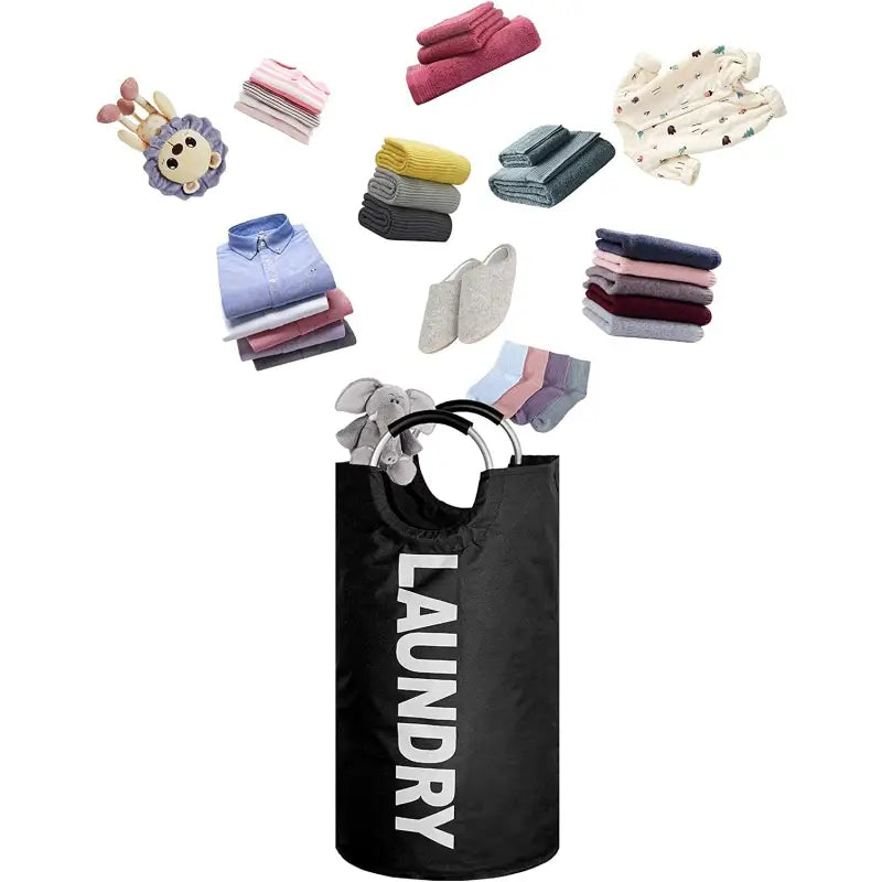 a black laundry bag with various types of clothes