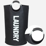a black laundry bag with a white logo