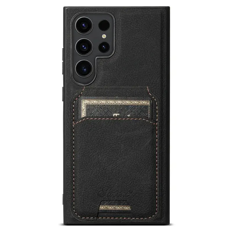 the back of the black leather case with a gold stitching