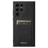 The back of the black leather case with a gold stitching