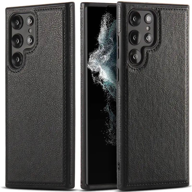 the back of a black leather case with a phone in it
