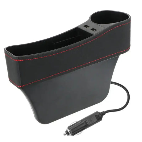 a black leather case with red stitching