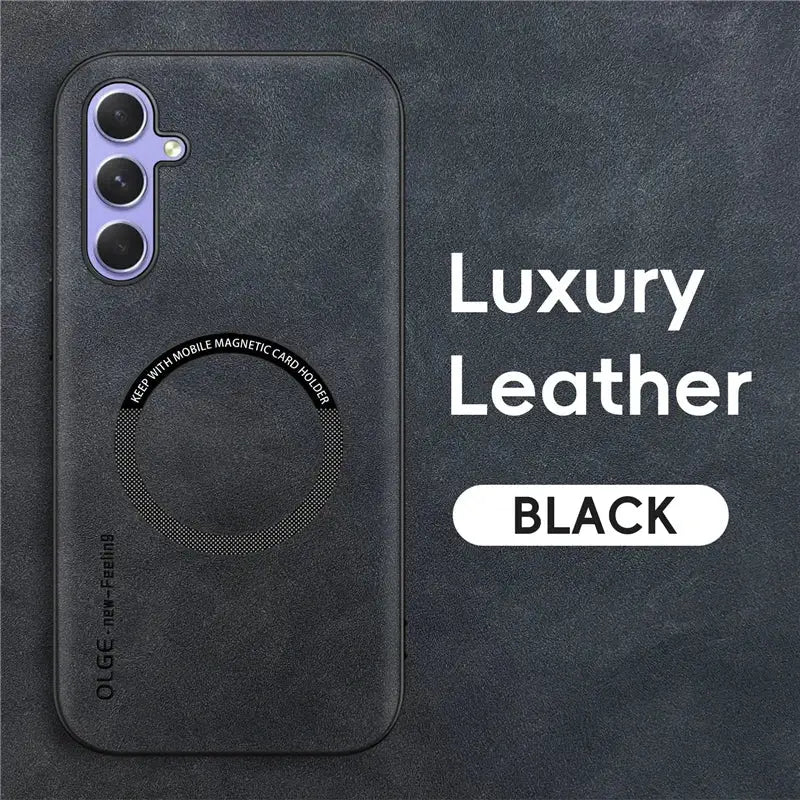 the back of a black leather case with the text luxury leather black