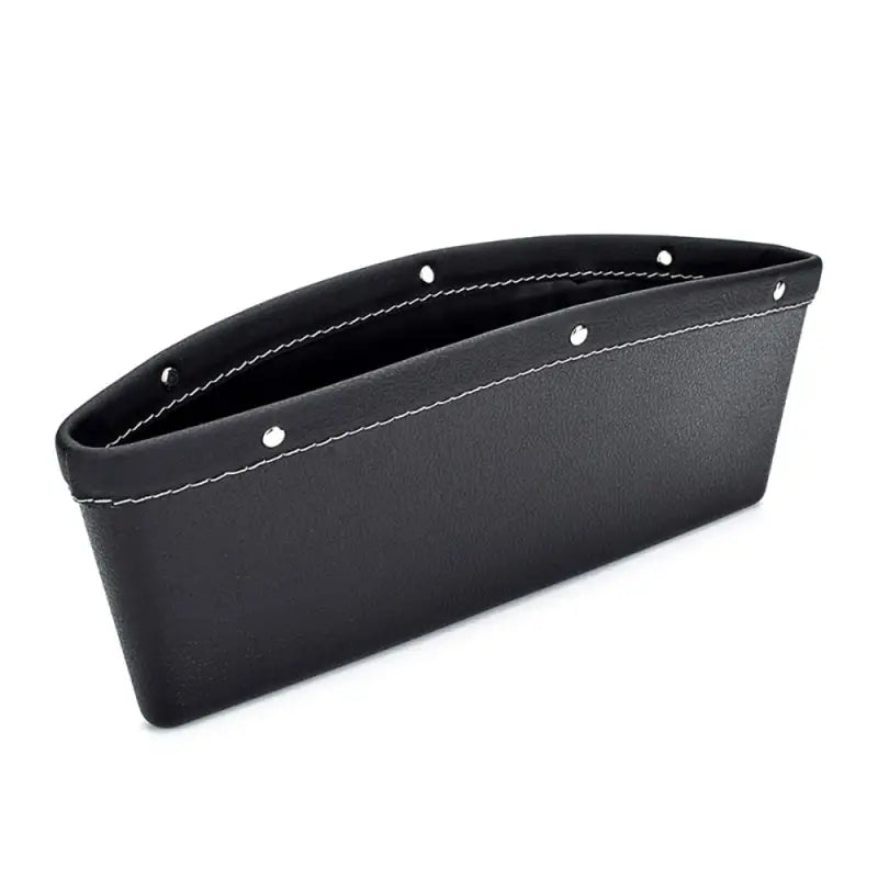 a black leather case with white stitching