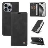 Black leather flip phone case with card slots and kickstand functionality.