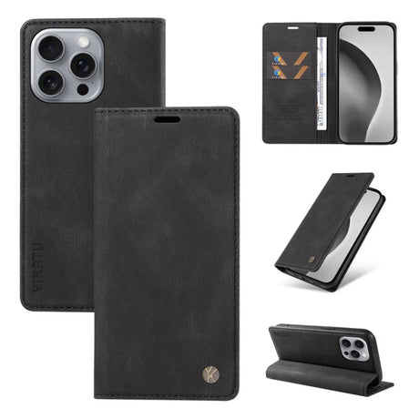 Black leather flip phone case with card slots and kickstand functionality.