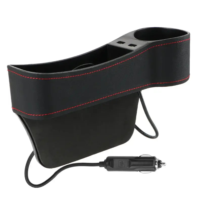 a black leather headband with red stitching