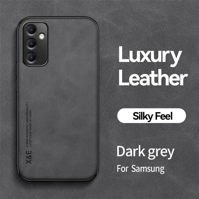 the back of a black leather iphone case with the text luxury leather