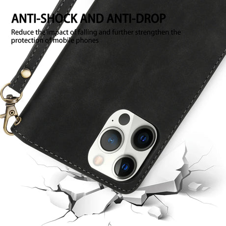 Black leather phone case with a strap and triple camera cutout, designed for anti-shock and anti-drop protection.