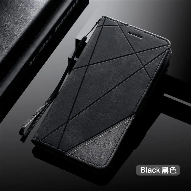 Black leather smartphone case with geometric stitching pattern.