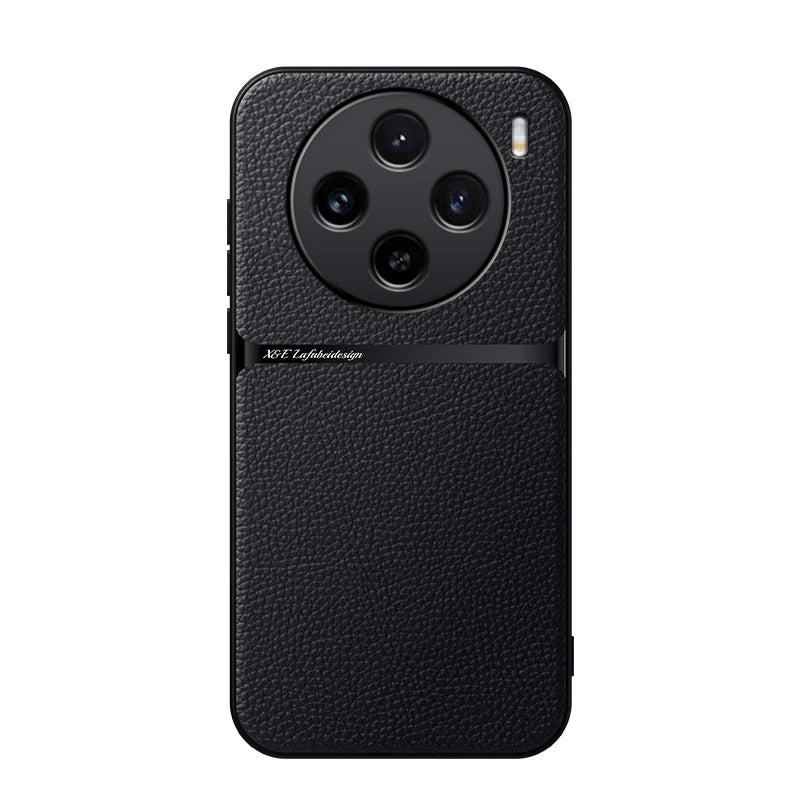 Black leather smartphone case with a circular quad-camera setup.