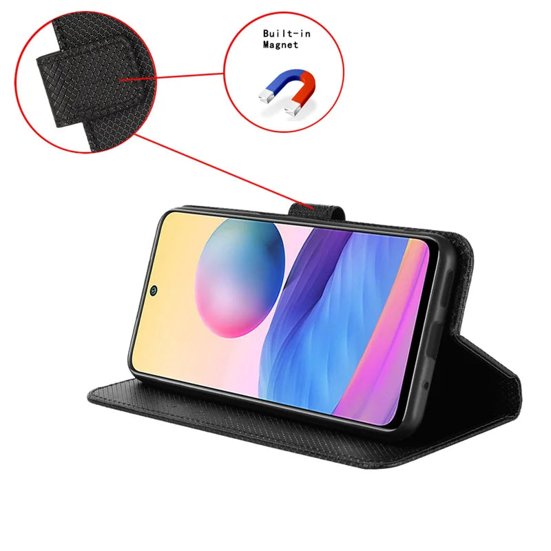 Black leather-texture smartphone case with a built-in magnet, holding a smartphone in landscape orientation.