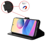 Black leather-texture smartphone case with a built-in magnet, holding a smartphone in landscape orientation.